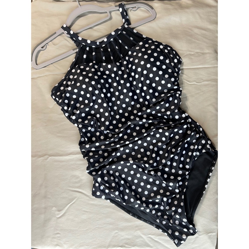 One Piece Swimsuit Women XL Black White Polka Dot Excellent Ruched Mesh